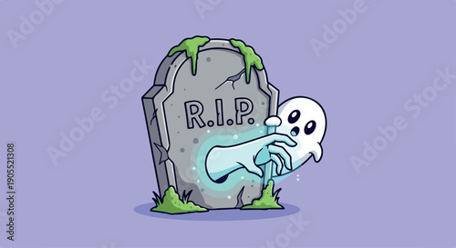 Cartoon ghost emerging from a gray tombstone with green moss and the letters R.I.P. on a purple background.