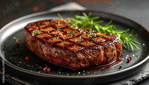 Juicy steak glistening on a black plate with rosemary sprigs, enticingly charred, speckled herbs and pepper