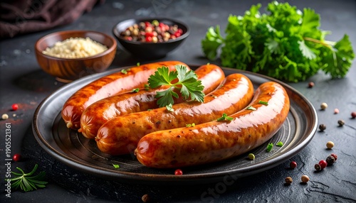 Juicy sausages on a dark plate with parsley, spices, and parmesan, set against a dark textured background