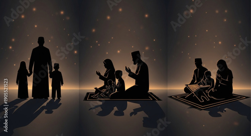 Family praying together under starry night sky.