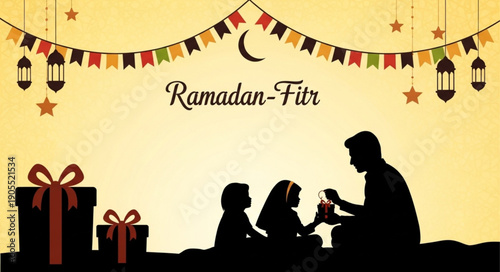 Family celebrating Ramadan Fitr with gifts and decorations.