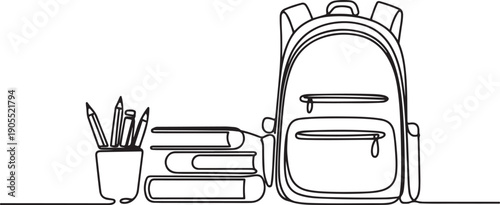 school set consisting of a backpack school stack of books and pencils in an organizer drawn.one line vector icon illustration