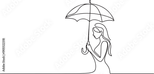 Continuous one line drawing woman holding umbrella.one line vector icon illustration