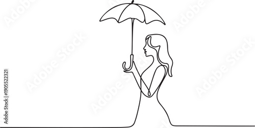 Continuous one line drawing woman holding umbrella.one line vector icon illustration