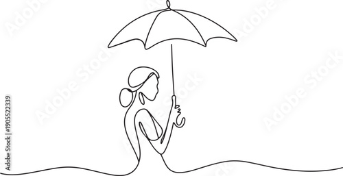 Continuous one line drawing woman holding umbrella.one line vector icon illustration