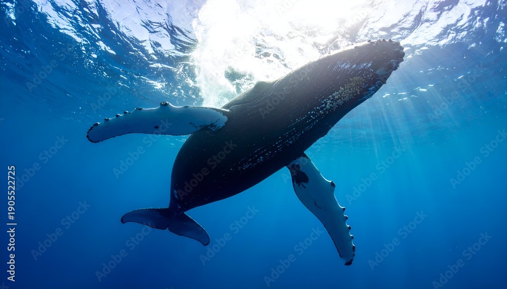 Obraz premium Humpback whale swims upward in clear blue ocean waters, illuminated by sunlight filtering through the surface