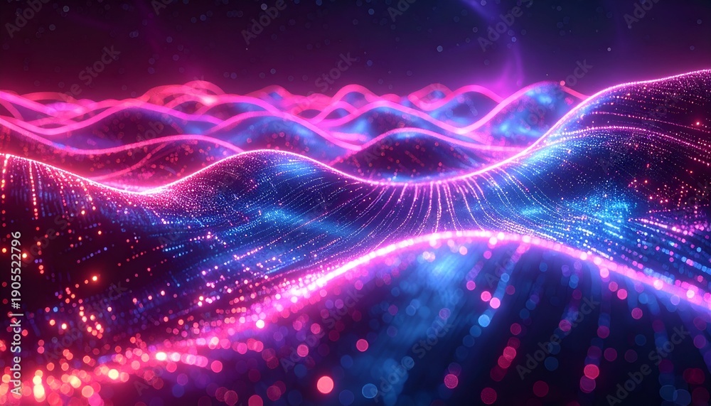 Fototapeta premium Luminous pink and blue abstract wave landscape, twinkling with glowing particles, resembling digital data flow