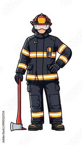 Firefighter Standing with Fire Axe Cartoon Style.