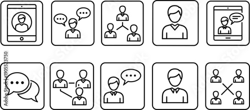 Digital Networking Icon Set Featuring Business Professional Avatars Group Collaboration Hierarchy Structures Tablet Video Calling and Speech Bubbles for Modern Corporate Communication Graphic Design