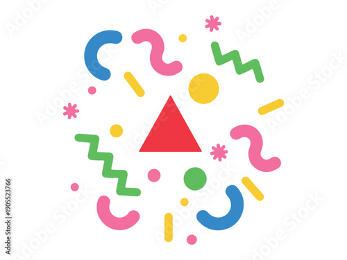 Abstract geometric composition with colorful shapes and wavy lines on white background