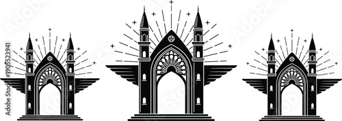 Gothic Church Silhouette Set Featuring Ornate Cathedral Windows Spired Towers and Divine Sunburst Rays for Religious Architecture Spiritual Heritage and Sacred Decorative Graphic Design