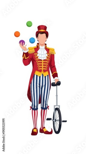 Juggler in red costume on unicycle.