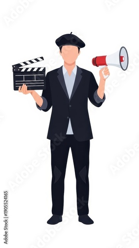 Man holding clapperboard and megaphone illustration.