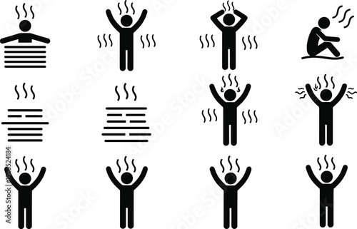 Hot Springs Icon Set Featuring Person Silhouettes in Steam Sauna Thermal Bath Spa Relaxation Wellness Therapy Heat Treatment and Healthy Lifestyle Vector Illustrations