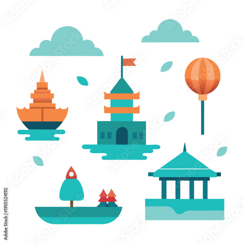 Temples floating markets beaches in-a white background.