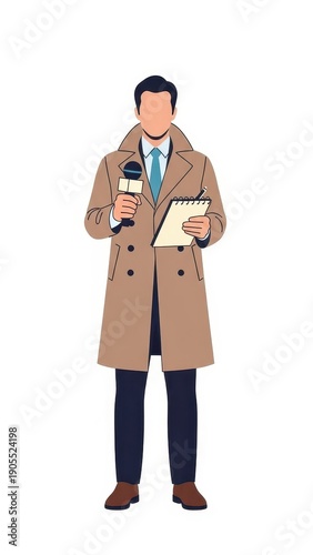 Man in trench coat holding microphone and papers.