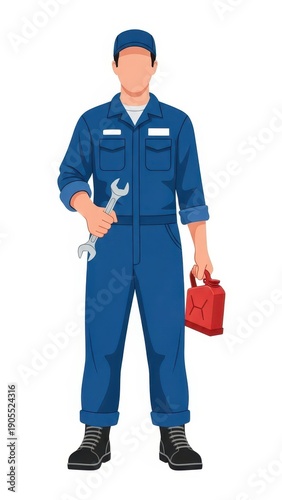 Mechanic in blue uniform holding tools.