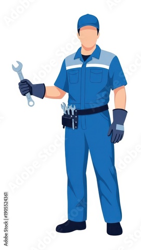 Mechanic in blue uniform holding wrench.