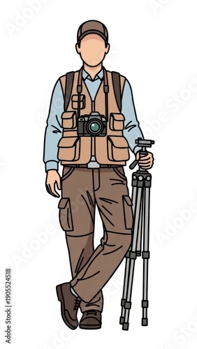 Photographer with Camera and Tripod Standing.