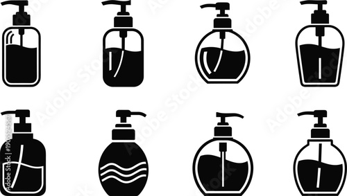 Liquid Soap Dispenser Icon Set Featuring Various Pump Bottle Designs for Hand Sanitizer Lotion Shampoo Hygiene and Personal Care Product Labeling Vector Illustrations