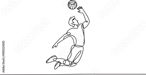 Single one line drawing male volleyball player in motion hitting ball with jump spike on court arena during game play.one line vector icon illustration