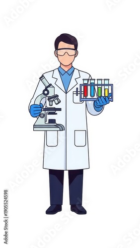 Scientist holding microscope and test tubes.