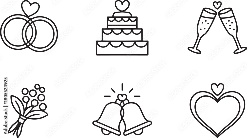 Fototapeta premium Wedding set icons hand drawn.one line vector icon illustration