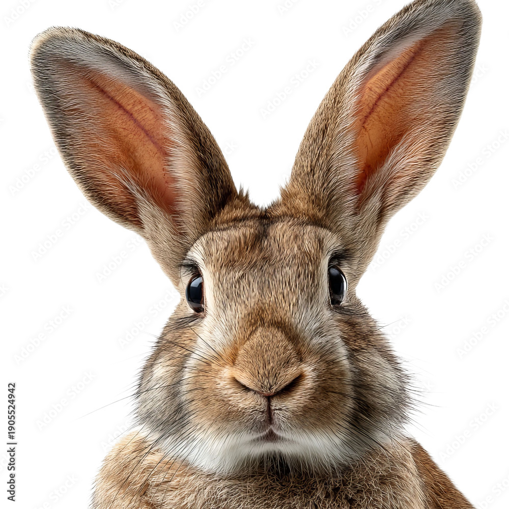 Fototapeta premium PNG of A fluffy brown rabbit with large ears looking directly at the camera.