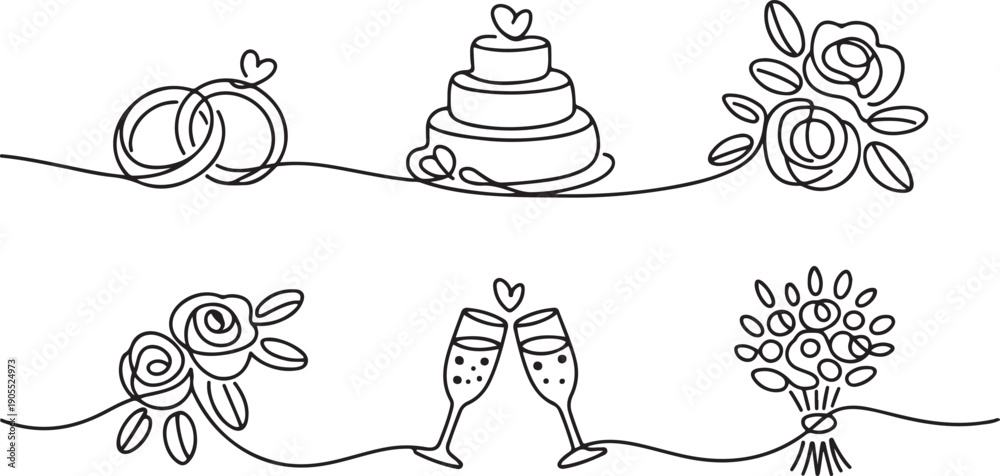 Obraz premium Wedding set icons hand drawn.one line vector icon illustration
