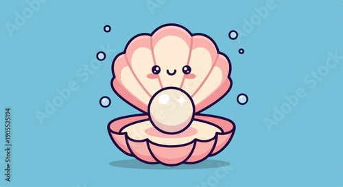 Cartoon illustration of a smiling pink oyster shell with a pearl, bubbles around it on a blue background.