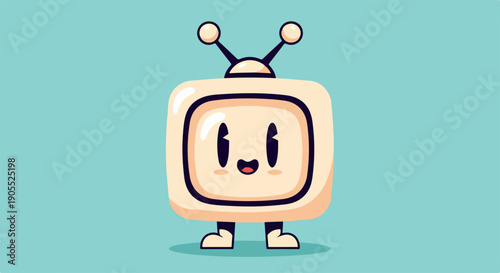 Cartoon television with antennae and a smiling face on a teal background with a playful mood.