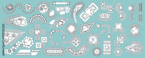 Set of linear icons. Outdoor furniture and patio items. Top view. Isolated vector Illustration. Tables, benches, chairs, flower bed, plants (view from above).  Aerial. Park design.