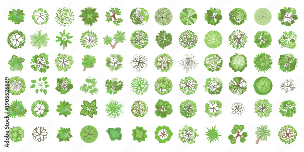 Fototapeta premium Trees top view. Different plants and trees vector set for architectural or landscape design. (View from above) Nature green spaces. Aerial.