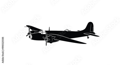 A stark black silhouette of a vintage twin engine airplane in flight captured against a white background silhouette high quality professional detailed modern
