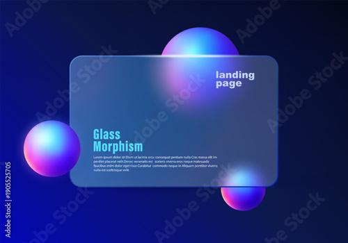 Glassmorphism style landing page background with a translucent panel and glowing spheres.