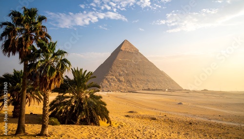 Large pyramid amidst desert landscape under a bright sky, framed by palm trees in the foreground