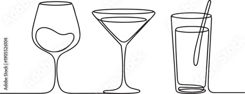 Simple one line cocktail glasses. Continuous lines wine, martini, summer drink glass.one line vector icon illustration