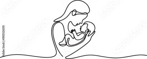 Continuous line design of mother's concern for baby.one line vector icon illustration