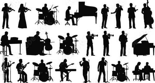 Musician silhouettes, people playing instruments, violin drum piano,, microphone singers, orchestra band performance, musical diversity artwork, black silhouette illustration, flat vector illustration