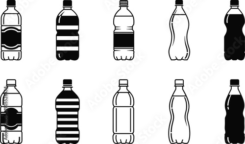 Plastic Water Bottle Icon Set Featuring Various Beverage Packaging Designs for Mineral Water Soda Juice Drinks Recycling Industry and Liquid Product Branding Vector Illustrations