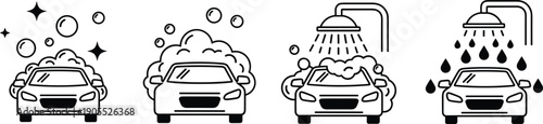 Stylized car wash process icons showing soap bubbles, scrubbing, rinsing, and final water rinse stages for automotive cleaning service signage and promotional illustration