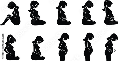 Pregnant Woman Silhouette Icon Set Showing Various Stages of Pregnancy Prenatal Development Maternity Health Care and Motherhood Concept Vector Illustrations for Medical Graphic Design