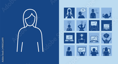 Outline of a Woman Next to a Grid of Blue Icons Representing Business and Ideas vector