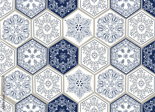 Seamless hexagon pattern with ornate floral and swirl motifs in navy, light blue and white, framed in gray, forming a balanced, tile style design with a clean, elegant, symmetrical look