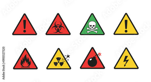 Collection of colorful warning triangle signs representing various hazards like biohazard and toxic materials.