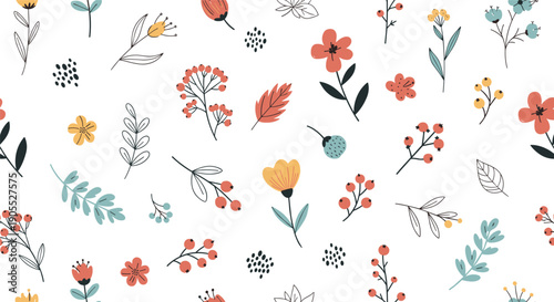 Beautiful seamless pattern of colorful hand drawn flowers and berries spread across a clean white background.