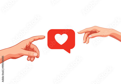 Social media love icon with human hands. Digital connection concept. Online like notification heart with reaching hands. Modern social media engagement concept with heart notification and hands