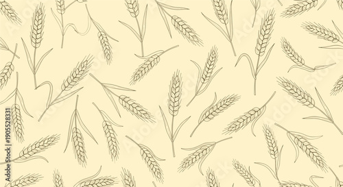 Delicate seamless pattern of wheat stalks and ears on a light cream background for nature themed designs.
