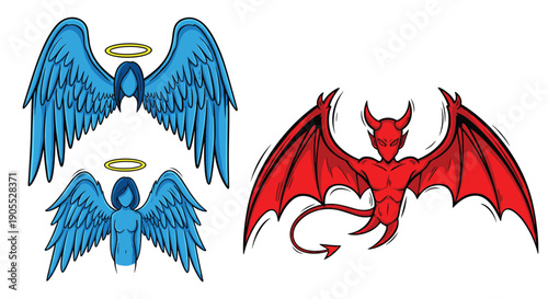 Comparison between angelic wings with halos and a red winged devil character in a stylized illustration.