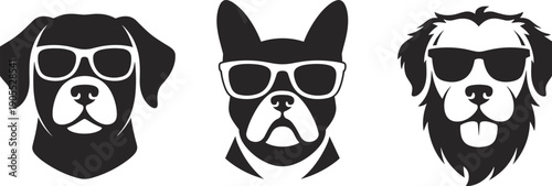 Dog face silhouettes, cool sunglasses design, funny pet illustration, cartoon animal art, stylish vector graphic, modern canine decoration, playful symbol